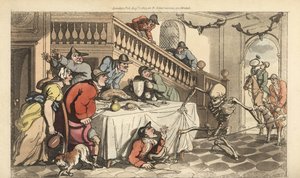 El esqueleto de la Muerte viene por un cazador mientras se esconde bajo una mesa después de una cacería de zorros. Grabado en cobre coloreado a mano dibujado y grabado por Thomas Rowlandson de The English Dance of Death, Ackermann, Londres
