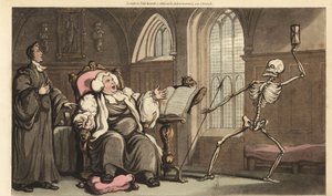 El esqueleto de la Muerte viene por el Obispo en la abadía, mientras lee la Biblia en un atril y descansa su pie gotoso en un cojín. Grabado en cobre coloreado a mano dibujado y grabado por Thomas Rowlandson de The English Dance of Death, Ackermann, Londre de Thomas Rowlandson