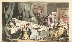 El esqueleto de la Muerte viene por el Doctor, mientras el sacerdote reza sobre el cuerpo muerto de un Buen Hombre llorado por su esposa e hijo de Thomas Rowlandson