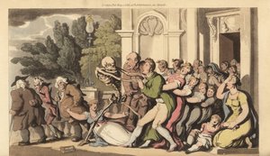 La muerte agarra a un padre por el cuello, mientras su esposa e hijos intentan desesperadamente salvarlo. Grabado en cobre coloreado a mano dibujado y grabado por Thomas Rowlandson de The English Dance of Death