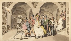 El esqueleto de la Muerte guía a un grupo de turistas por las Catacumbas de París. Grabado en cobre coloreado a mano dibujado y grabado por Thomas Rowlandson del libro The English Dance of Death, Ackermann, Londres de Thomas Rowlandson