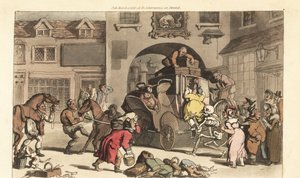 La muerte ayuda a una gran matrona a subir al último escenario fatal. Grabado en cobre coloreado a mano dibujado y grabado por Thomas Rowlandson de The English Dance of Death
