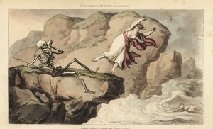La muerte sostiene un pañuelo en su cuenca ocular mientras una mujer se suicida desde un acantilado para unirse a su amante ahogado. Grabado en cobre coloreado a mano dibujado y grabado por Thomas Rowlandson de The English Dance of Death