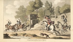 El esqueleto de la Muerte se une a un padre iracundo mientras intenta detener a su única hija que se fuga con un soldado en una diligencia a Gretna Green. Grabado en cobre coloreado a mano dibujado y grabado por Thomas Rowlandson de The English Dance of De de Thomas Rowlandson
