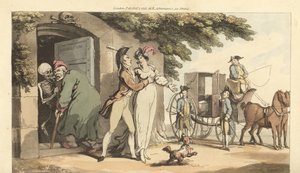 El esqueleto de la Muerte lleva a un anciano a un mausoleo, dejando a su joven viuda libre para volver a casarse. Grabado en cobre coloreado a mano dibujado y grabado por Thomas Rowlandson de The English Dance of Death, Ackermann, Londres de Thomas Rowlandson