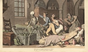 La muerte guía a los niños codiciosos al cofre de oro de un avaro, que yace muerto en una cama agarrando un testamento y una bolsa de dinero. Grabado en cobre coloreado a mano dibujado y grabado por Thomas Rowlandson de The English Dance of Death
