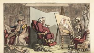 El esqueleto de la Muerte pinta un retrato de un concejal, mientras su joven sirvienta coquetea con un artista galante detrás de la pantalla. Grabado en cobre coloreado a mano dibujado y grabado por Thomas Rowlandson de The English Dance of Death, Ackerman de Thomas Rowlandson