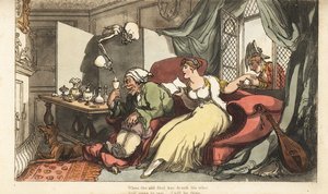 El esqueleto de la Muerte vierte una copa fatal de vino para el viejo tonto Sir Peter en su luna de miel, mientras su joven esposa Julia coquetea con el Mayor Henry en la ventana. Grabado en cobre coloreado a mano dibujado y grabado por Thomas Rowlandson d de Thomas Rowlandson
