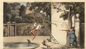 La muerte esqueleto empuja una escalera matando a un pretendiente galante mientras intenta fugarse con una belleza. El padre de la chica dispara un mosquete al hombre que cae. Grabado en cobre coloreado a mano por Thomas Rowlandson de The English Dance of  de Thomas Rowlandson