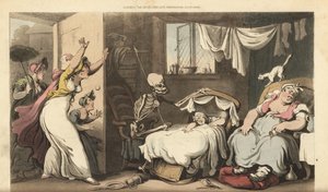 El esqueleto de la Muerte mece la cuna de un bebé mientras la niñera duerme y la madre angustiada llega a casa. Grabado en cobre coloreado a mano dibujado y grabado por Thomas Rowlandson de The English Dance of Death, Ackermann, Londres