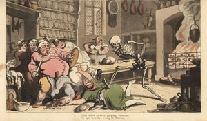 La muerte apuñala a un cocinero gordo con un pincho que sostiene un pollo asado. Grabado en cobre coloreado a mano dibujado y grabado por Thomas Rowlandson de The English Dance of Death