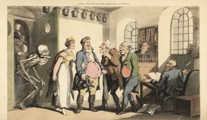 La muerte sorprende a Ned Freeman mientras visita la oficina de seguros, dejando a su viuda con una gran suma. Grabado en cobre coloreado a mano dibujado y grabado por Thomas Rowlandson de The English Dance of Death
