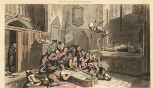 El esqueleto de la Muerte observa a los anticuarios exhumar el cadáver de un rey de una cripta en una iglesia de Thomas Rowlandson