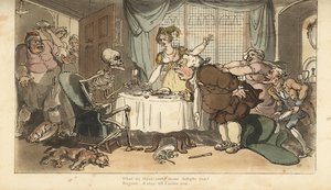 El esqueleto de la Muerte con dardo y reloj de arena viene por el glotón mientras festeja en la cena. Grabado en cobre coloreado a mano dibujado y grabado por Thomas Rowlandson de The English Dance of Death, Ackermann, Londres
