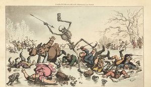 El esqueleto de la Muerte con dardo y reloj de arena patinando en un estanque congelado mientras otros patinadores caen a través del hielo roto. Grabado en cobre coloreado a mano dibujado y grabado por Thomas Rowlandson de The English Dance of Death, Acker