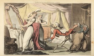 El esqueleto de la Muerte con su reloj de arena viene por una bella coqueta en su dormitorio mientras se viste para un baile por sus sirvientes. Grabado en cobre coloreado a mano dibujado y grabado por Thomas Rowlandson de The English Dance of Death, Acker de Thomas Rowlandson