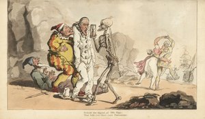 La muerte con reloj de arena y dardo viene por un Pierrot y otros payasos (grabado de Thomas Rowlandson) de Thomas Rowlandson