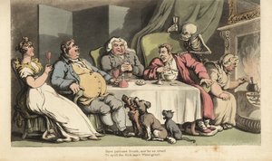 El esqueleto de la Muerte con reloj de arena viene por el hombre enfermo mientras come gachas en la mesa del comedor con sus amigos bebiendo frente a la chimenea de Thomas Rowlandson