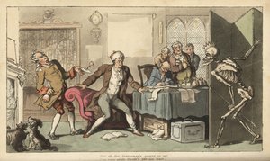 El estadista en su oficina es sorprendido por la figura esquelética de la Muerte con su corona y dardo emergiendo detrás de una pantalla. Grabado en cobre coloreado a mano dibujado y grabado por Thomas Rowlandson de The English Dance of Death, Ackermann, L de Thomas Rowlandson