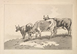 Tres vacas de pie en la cresta de un campo, 1784-87
