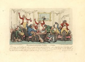 Hombre cansado y borracho en una cena ruidosa con cazadores de zorros de Thomas Rowlandson