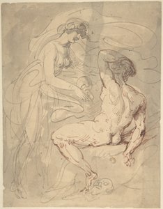 Mujer hablando con un hombre desnudo sentado de Thomas Rowlandson