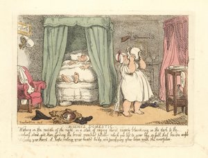 Mujer derramando una jarra de agua sobre sí misma durante la noche de Thomas Rowlandson