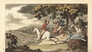 Joven caballero inglés cazando ciervos con perros de Thomas Rowlandson