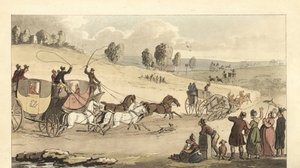 Jóvenes caballeros ingleses corriendo carruajes de cuatro caballos en una carretera