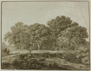 Paisaje con figura cruzando puente sobre arroyo de Thomas Sandby