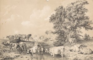 Un rebaño de ganado en la orilla de un río de Thomas Sidney Cooper