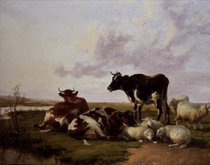 Ganado y ovejas pastando de Thomas Sidney Cooper