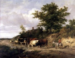 Paisaje boscoso con un niño en un burro y ganado en un vado de Thomas Sidney Cooper