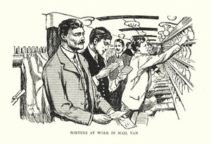 Clasificadores trabajando en un furgón de correo (litografía)