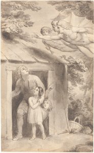Pedro y sus hijos visitados por tres figuras voladoras de Thomas Stothard