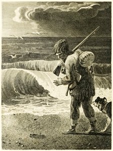 Robinson Crusoe descubre la huella de un hombre, de La vida y extrañas sorprendentes aventuras de Robinson Crusoe, marinero de York, por Daniel Defoe de Thomas Stothard