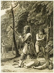 Robinson Crusoe ve y rescata por primera vez a su hombre Viernes, de La vida y extrañas sorprendentes aventuras de Robinson Crusoe, marinero de York, por Daniel Defoe de Thomas Stothard