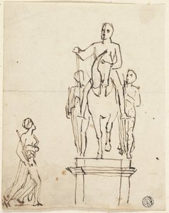Escultura de jinete acompañado por dos figuras de pie, con boceto de una de ellas