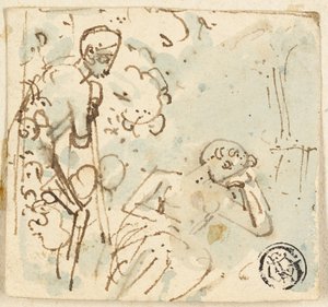 Boceto de hombre apoyado en un bastón, mirando a una mujer dormida de Thomas Stothard