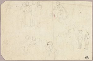 Bocetos para Tristram Shandy (recto); Bocetos de medallón con figura alegórica sentada (verso) de Thomas Stothard