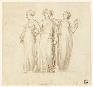 Tres musas (recto); Estudio de caballero y monje para una ilustración en una novela gótica (verso) de Thomas Stothard