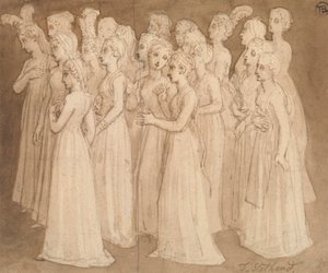Veinte chicas jóvenes en grupo caminando hacia la izquierda de Thomas Stothard