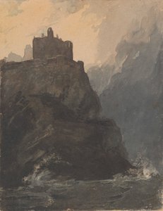 Castillo sobre un acantilado, con mar tempestuoso y naufragio al pie del acantilado de Thomas Sully