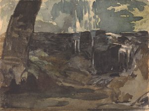 Paisaje rocoso, gran tronco de árbol en primer plano