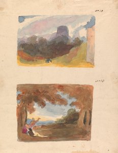 Dos dibujos en una hoja: Paisaje con castillo - Manera moderna (no. 13); Paisaje con figuras en primer plano (no. 14)