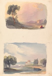 Dos dibujos en una hoja: Paisaje con montañas a lo lejos y figuras sentadas en primer plano (nº 1); Paisaje con río y edificio, montañas a lo lejos (nº 2) de Thomas Sully