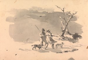 Dos cazadores y dos perros en una escena invernal