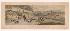 Manada de foxhounds persigue a un ciervo en una piscina Caza de ciervos (título sobre el objeto) de Thomas Sutherland