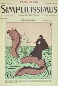 El Kaiser cabalga en la Sea Snake hacia Inglaterra, portada Ilustración de Simplicissimus de Thomas Theodor Heine