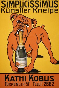 Póster vintage de un bulldog mordiendo una botella de champán (póster) de Thomas Theodor Heine